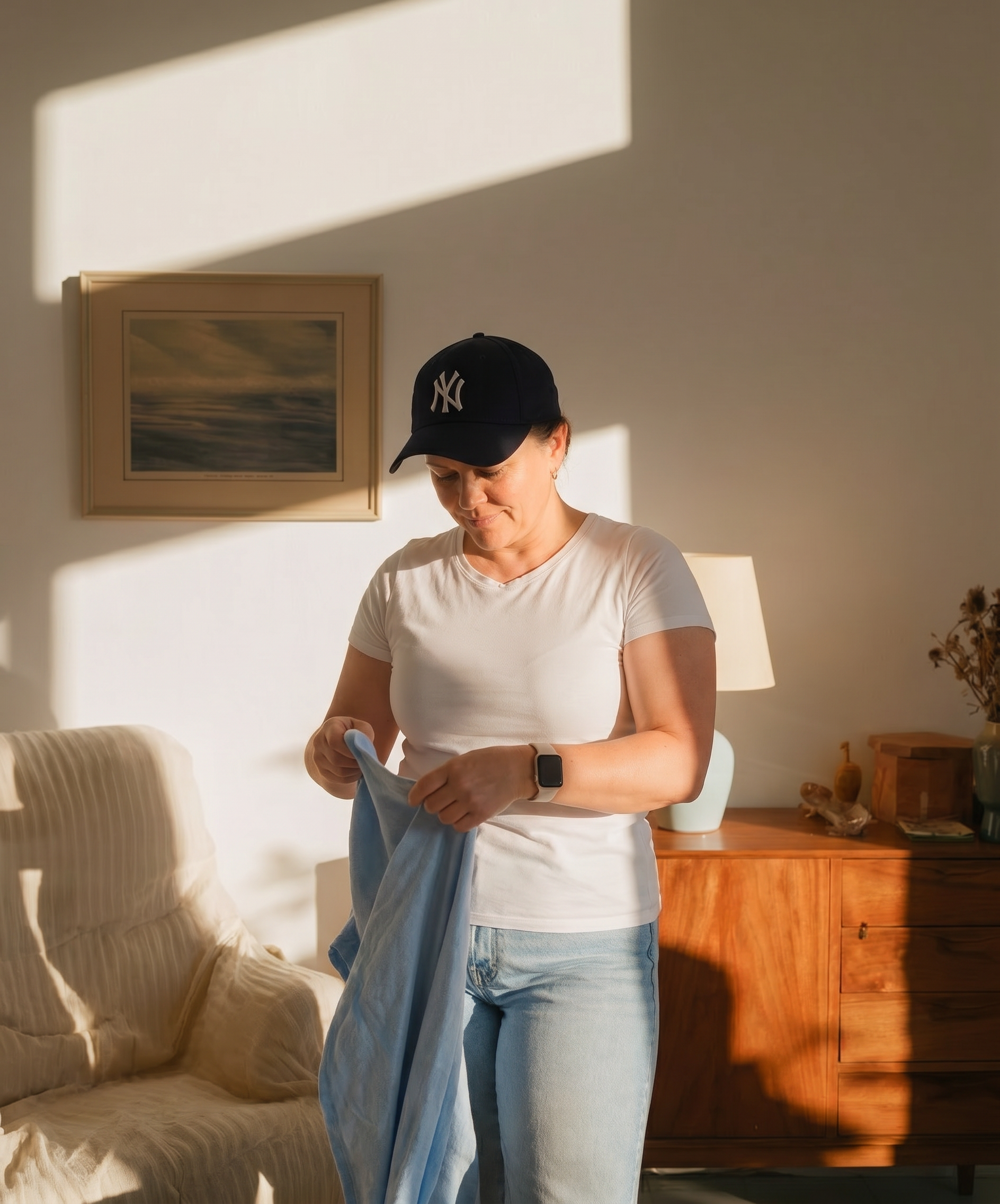 Cleaner folding a cloth in a sunny room